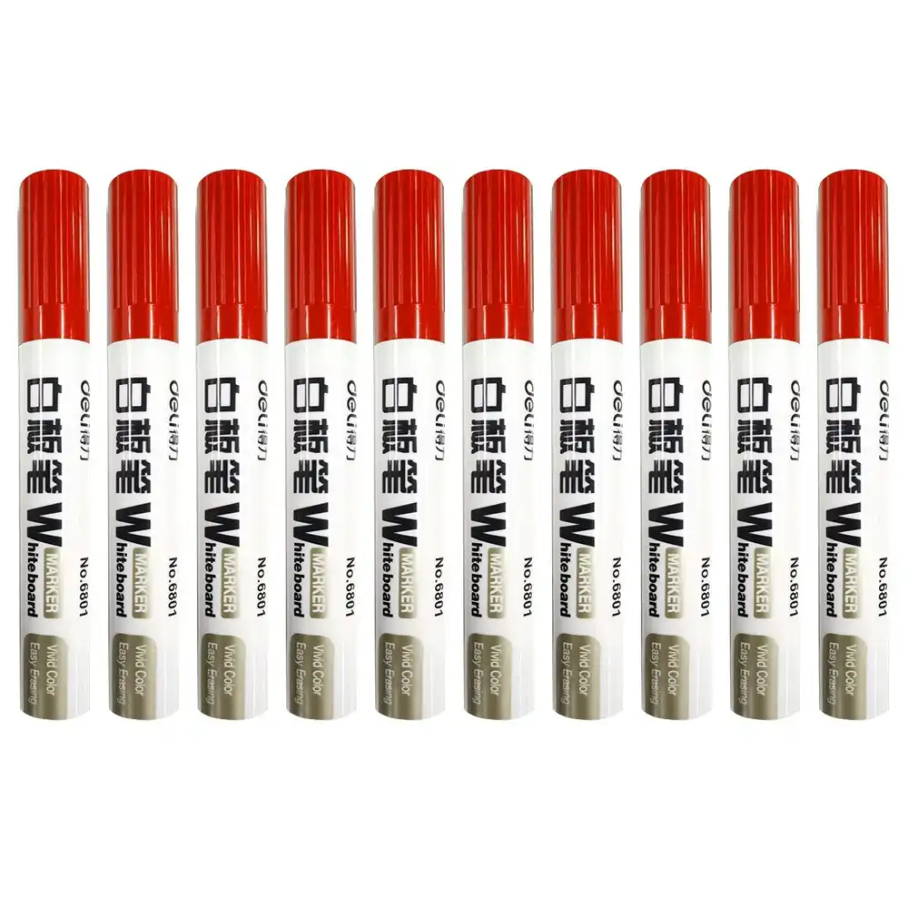 10pc Deli Office/Home Erasable Whiteboard Marker/Pen Bullet Tip Red