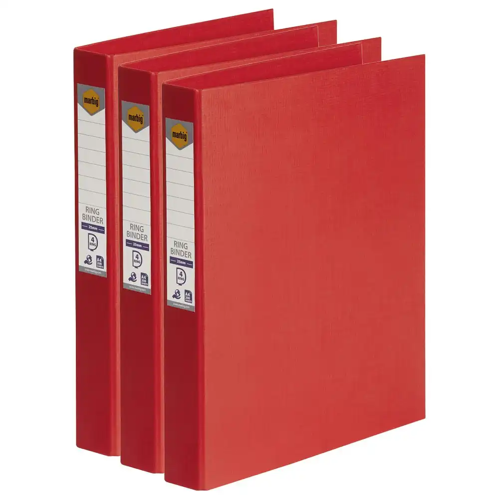 3x Marbig PE/Linen 4 D-Ring 25mm A4 Binder File Document Organiser Holder Red