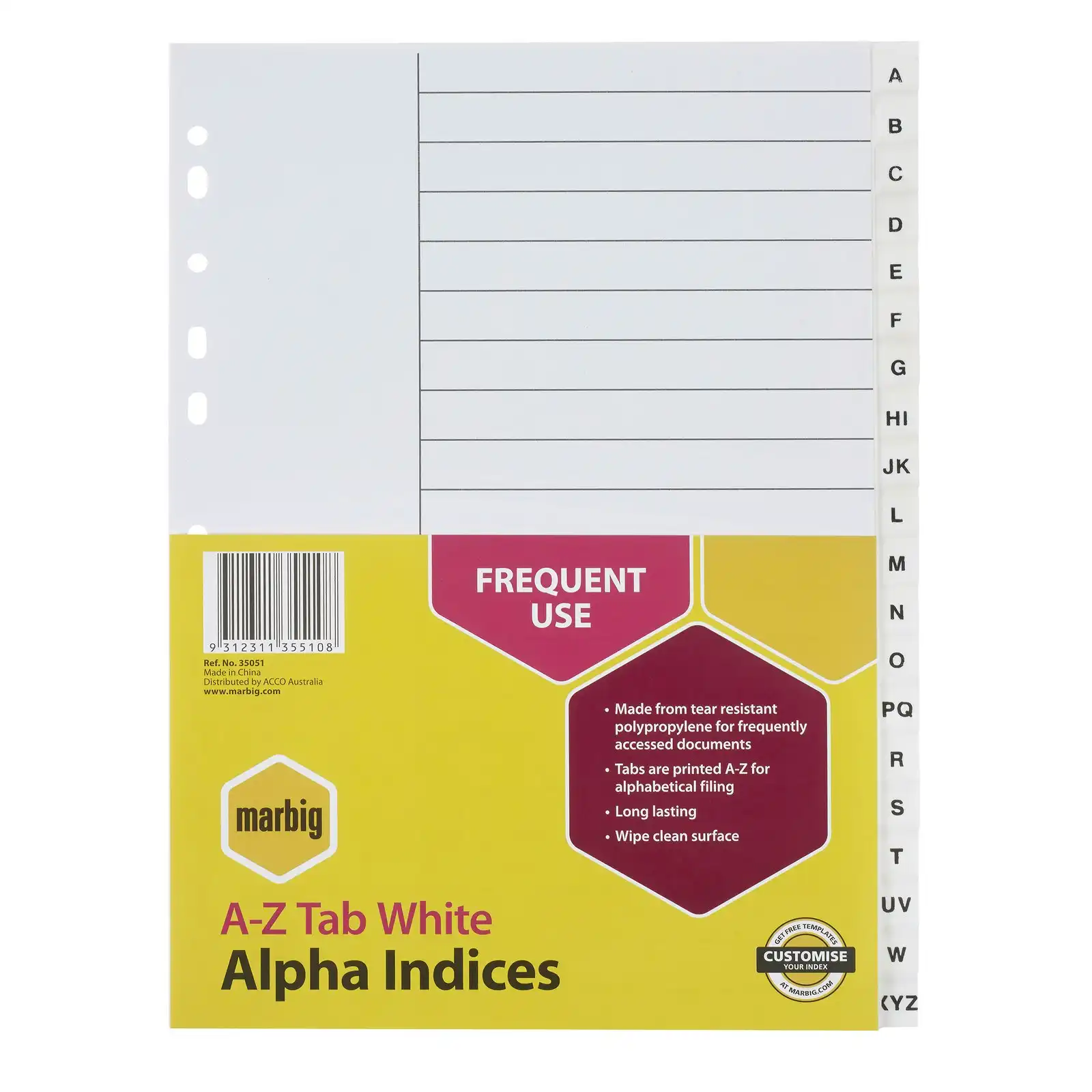 Marbig PP A-Z Tab A4 Binder Indices/Dividers Alphabet File Organiser White