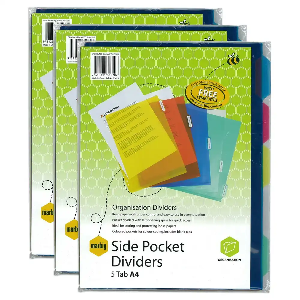 3x Marbig PP 5 Tab A4 Side Pocket Dividers/Paper File/Filing Organiser Assorted