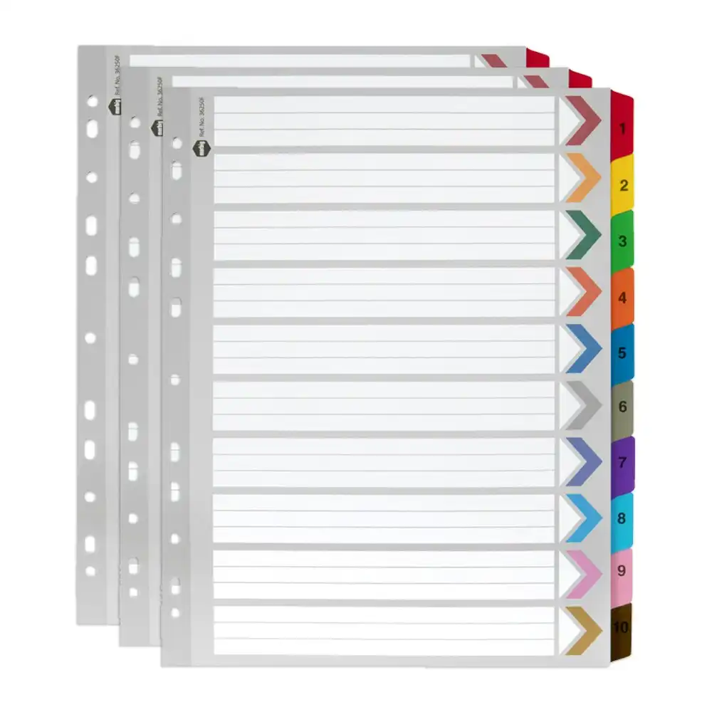 3x Marbig Extra Wide 1-10 Tab Coloured A4 Ring Binder Plastic Divider Organiser