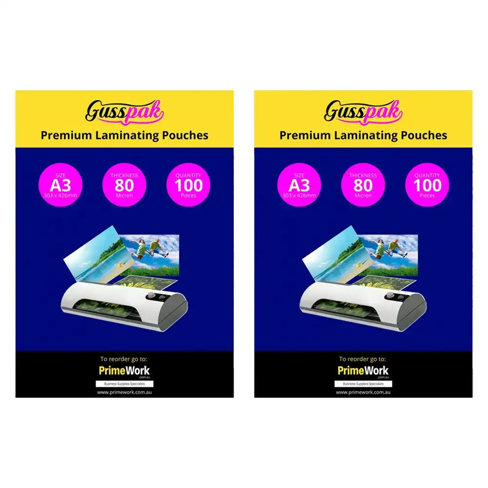 200pc Gusspak Laminating Protective Pouches A3 Page/Poster 80 Micron Gloss