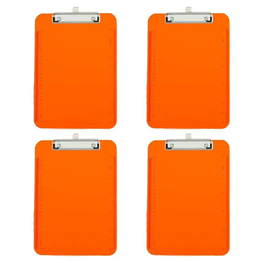 4PK Gusspak Plastic Clipboard A4 Paper - Transparent Orange w/Ruler (25cm/10")