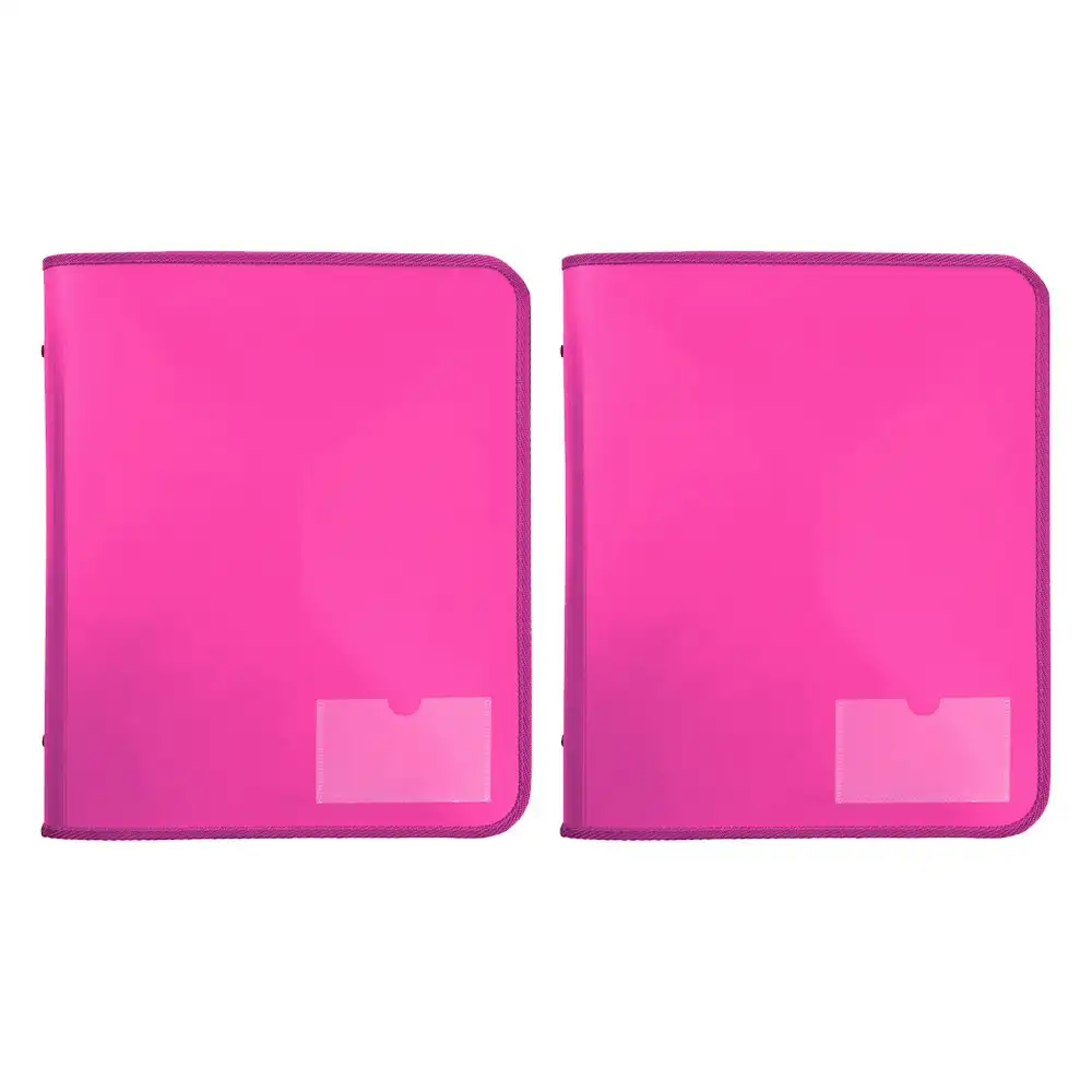 2x Marbig 2 D-Ring A4 Zipper Binder 25mm w/ Tech Case File Document Holder Pink