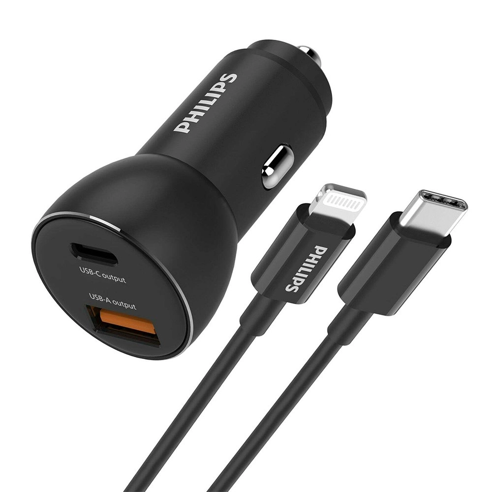 Philips QC+PD Dual Port Car Mobile Phone Charger w/ USB-C to Mfi Cable BLK