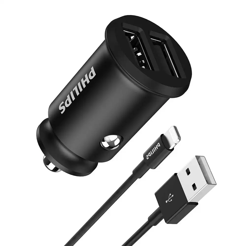 Philips Dual USB-A Port Mobile Phone Car Travel Charger w/ Mfi Cable