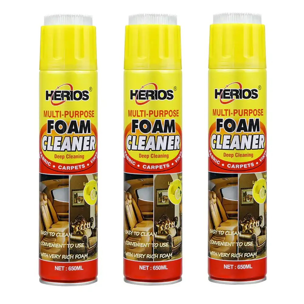3PK Herios 650ml Multi-Purpose Foam Cleaner Auto/Leather w/ Brush Fresh Lemon