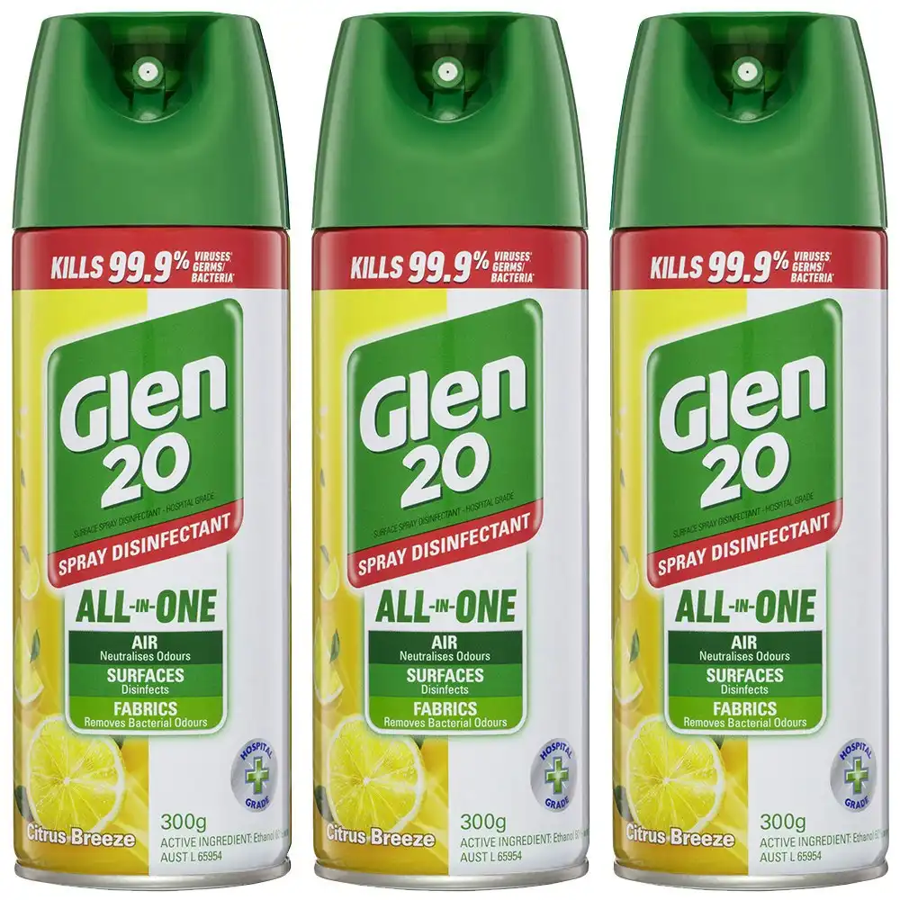 3PK Glen 20 Disinfectant Spray 300g Kills 99.9% of Germs Citrus Breeze