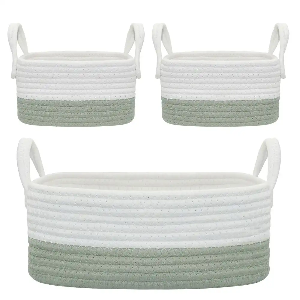 3pc Living Textiles Cotton Rope 35/20cm Nursery Storage Basket Set White/Sage