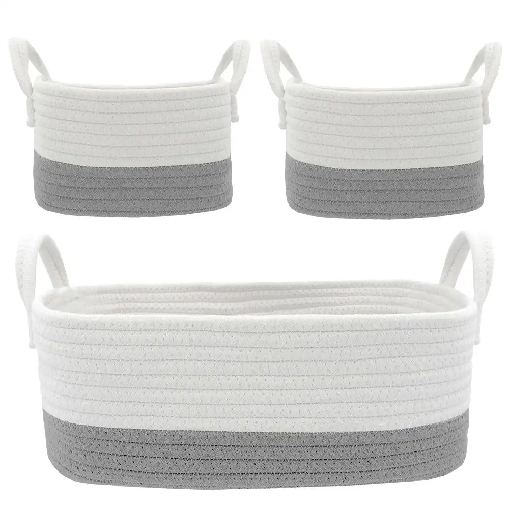 3pc Living Textiles Cotton Rope 35/20cm Nursery Storage Basket Set White/Grey