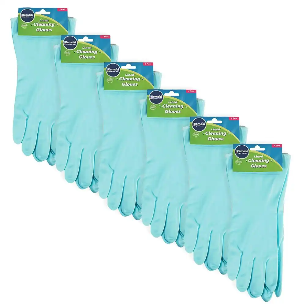 6x kemasi Lined Durable Cleaning Gloves Home Care Bathroom Kitchen Cleaning