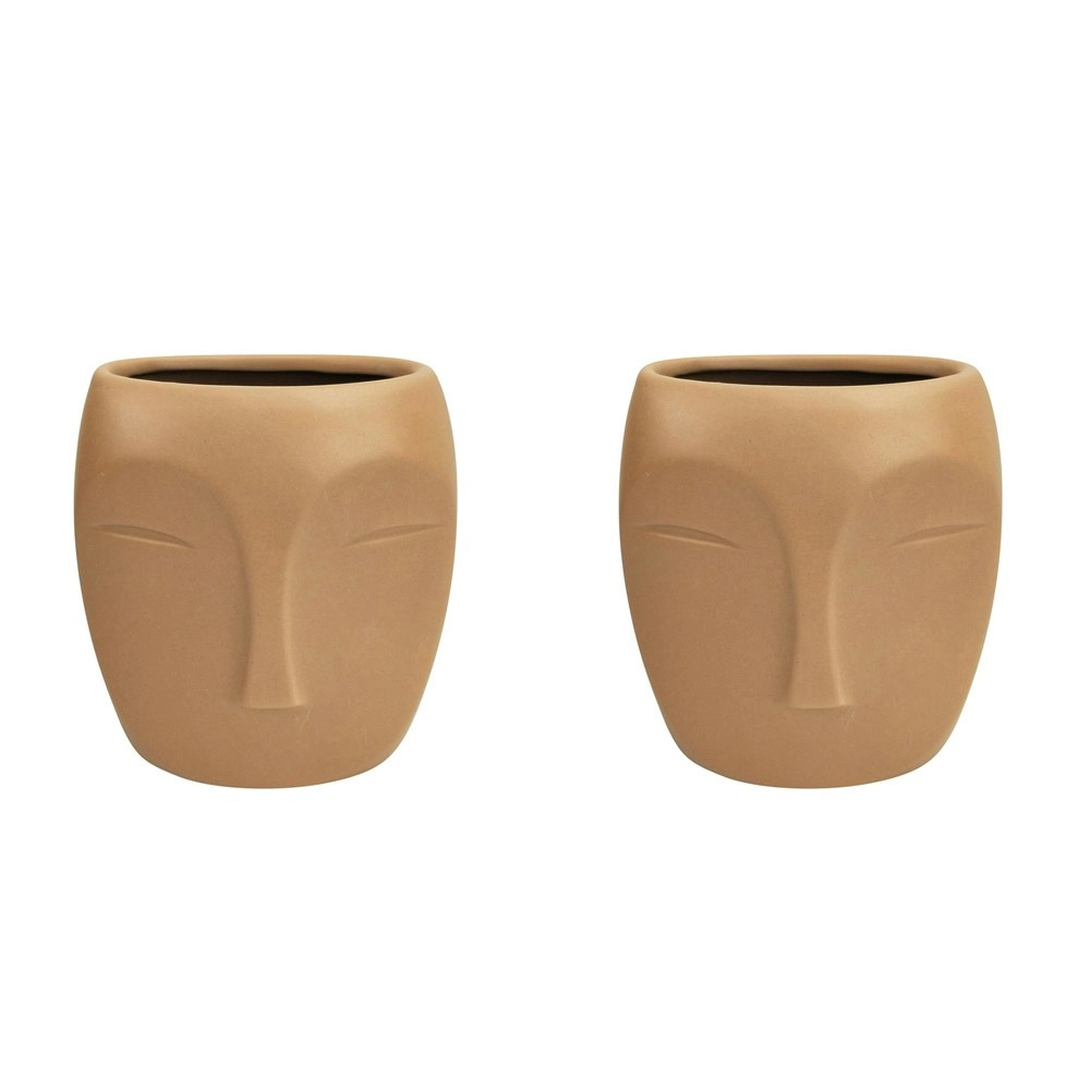 2x Urban Aztec Face 13cm Ceramic Plant/Flower Vase Home Display Pot Small Beige