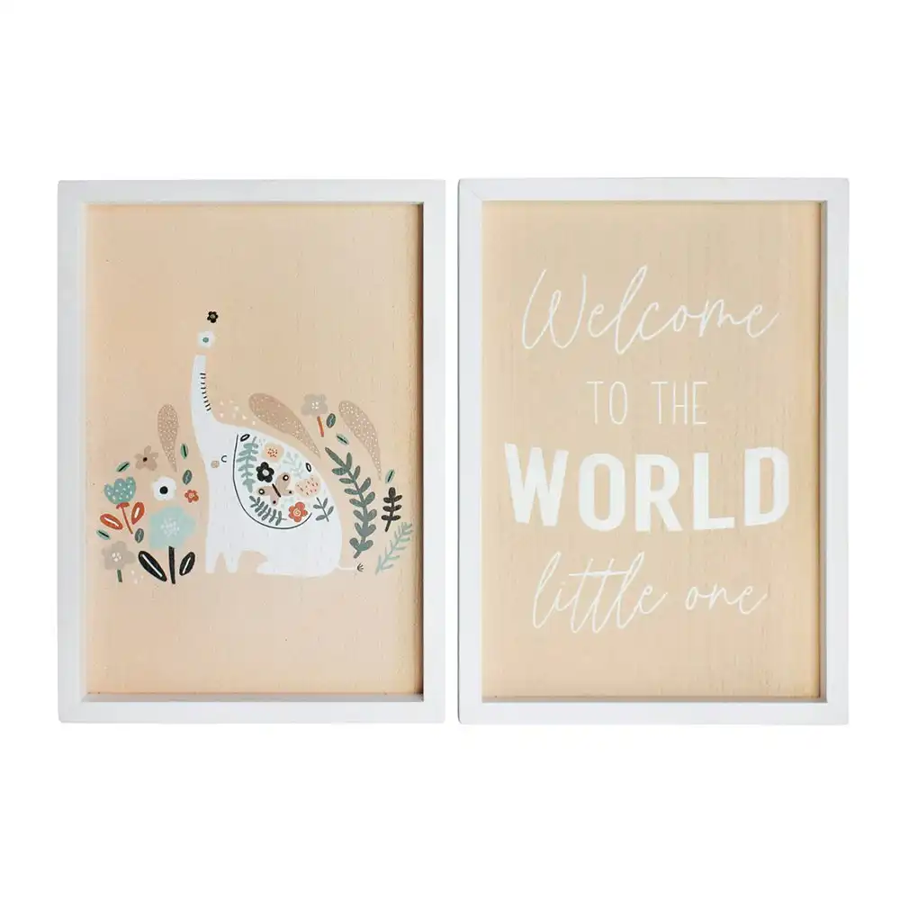 2pc MDF 28cm Welcome World Little One Sign Kids Bedroom Decor Plaque Set Beige