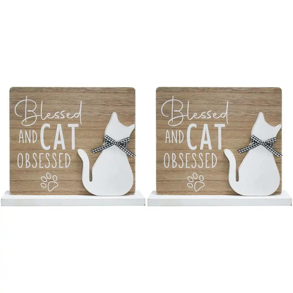 2x LVD 25cm MDF Sign Blessed Cat Home/Room Decorative Plaque Tabletop Display