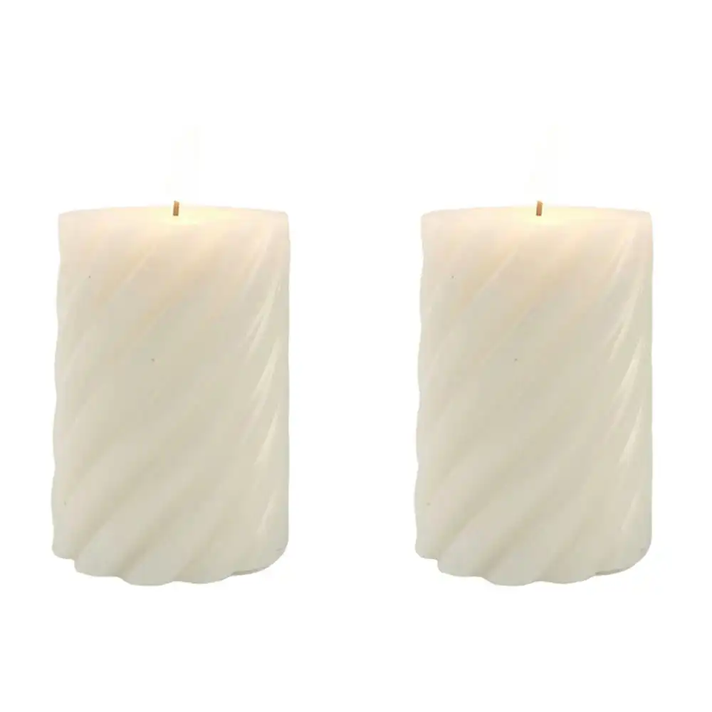 2x Urban Swirl Chunky Pillar 10cm LED Candle Home/Room Tabletop Desk Decor Cream