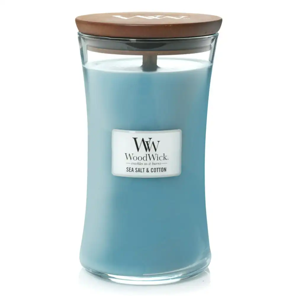 WoodWick 609g Scented Home Fragrance Soy Wax Candle Sea Salt & Cotton Large Blue