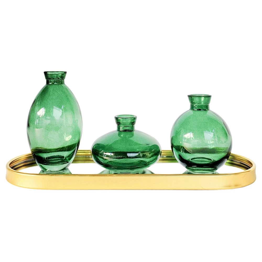 3pc Urban Products Kinkora Home Decor Glass Display Vases with Tray Green