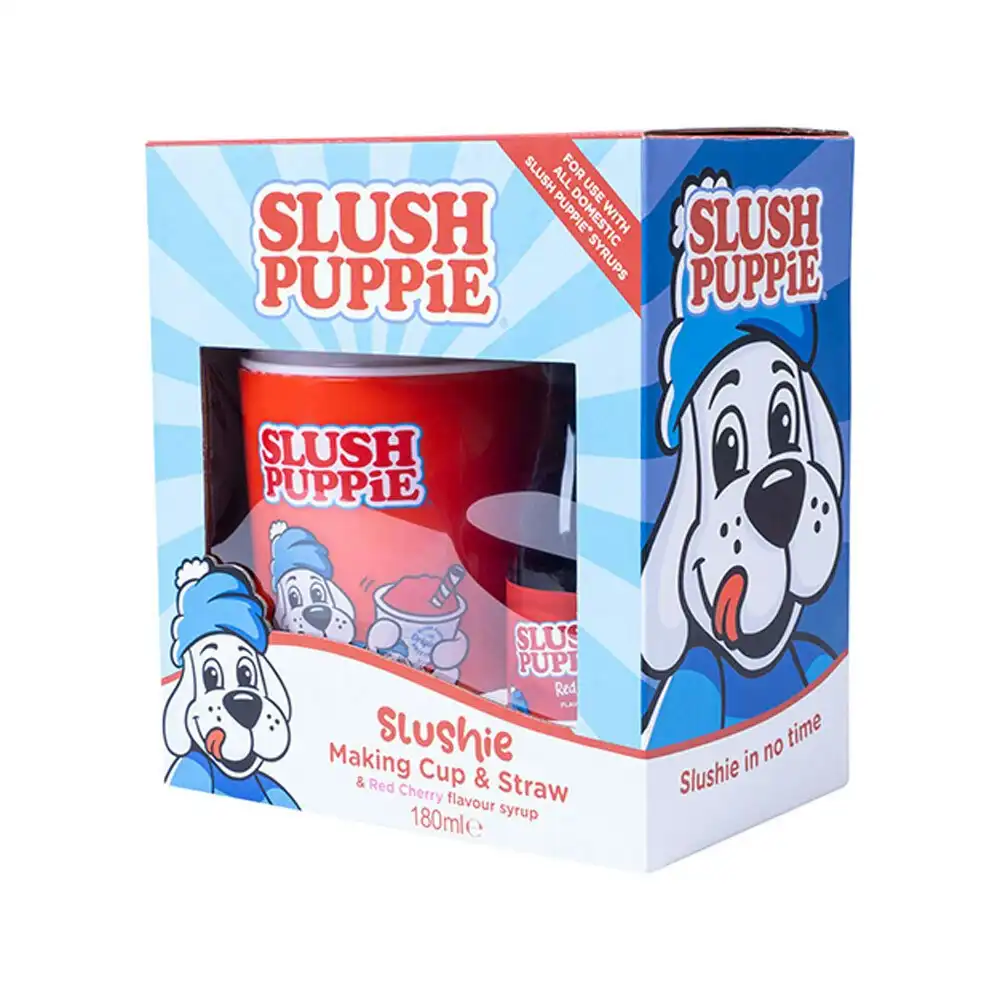 Slush Puppie Making Cup and Red Cherry Syrup Frozen Cold Drink Set w/Straw