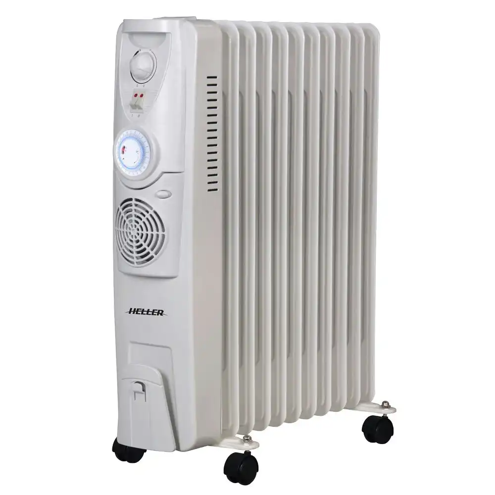 Heller Portable Oil Heater 11 Fin Fan Timer w/ 3 Heat Settings 2400W Fan White