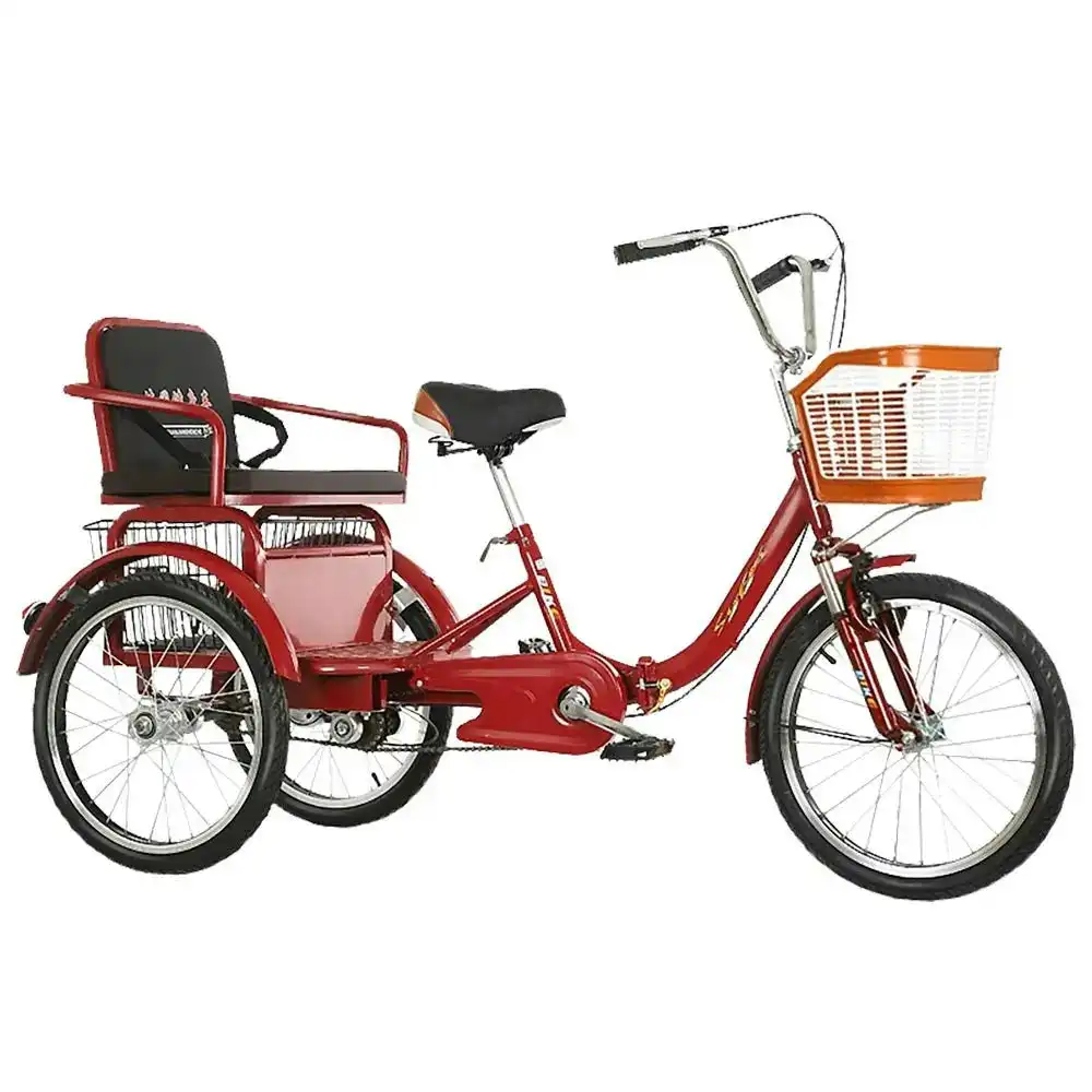 AKEZ 20 Inches Suspension Fork Foldable 3 Wheels Bike W/ Basket Widened Seat Adult Tricycle - Red