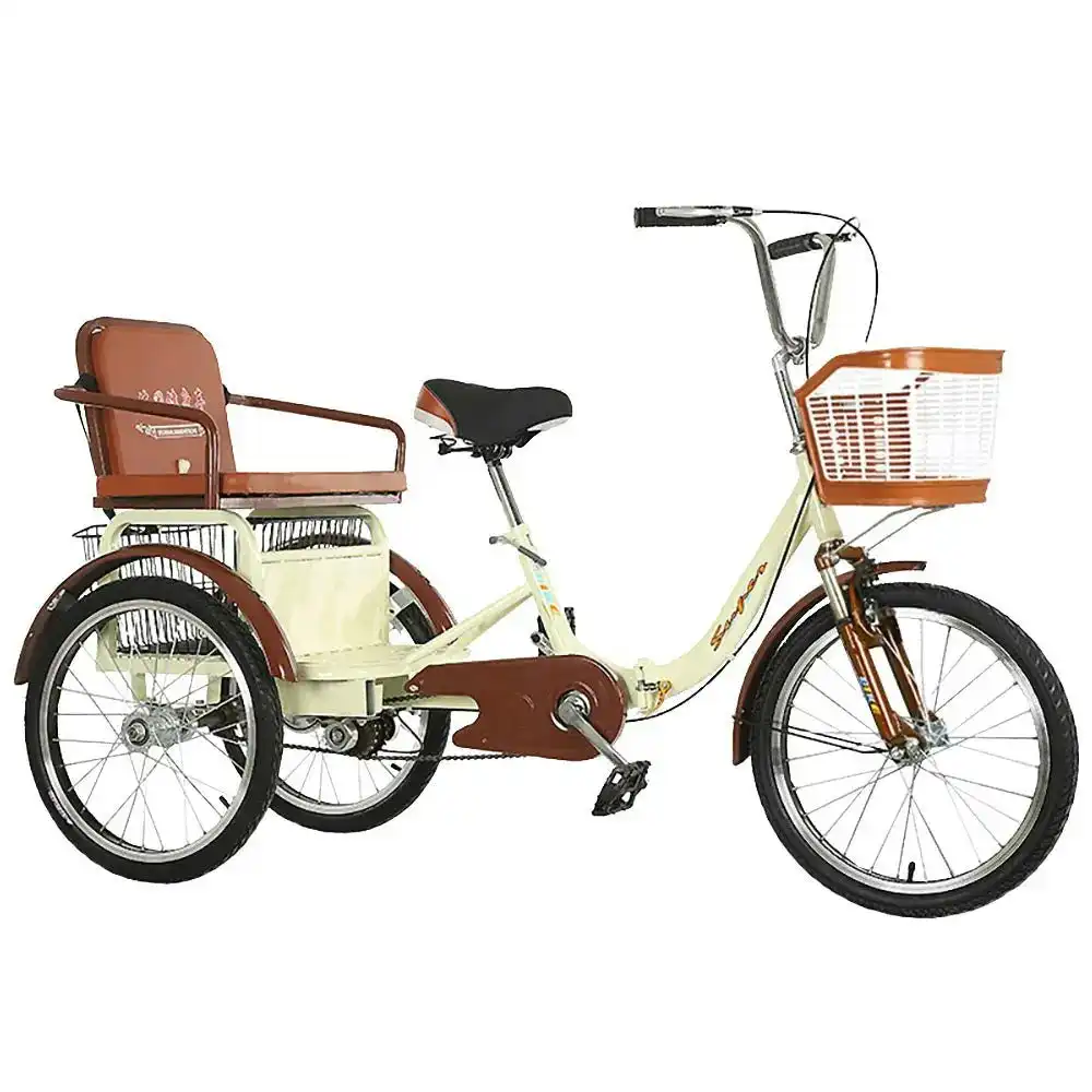 AKEZ 20 Inches Suspension Fork Foldable 3 Wheels Bike W/ Basket Widened Seat Adult Tricycle - Beige