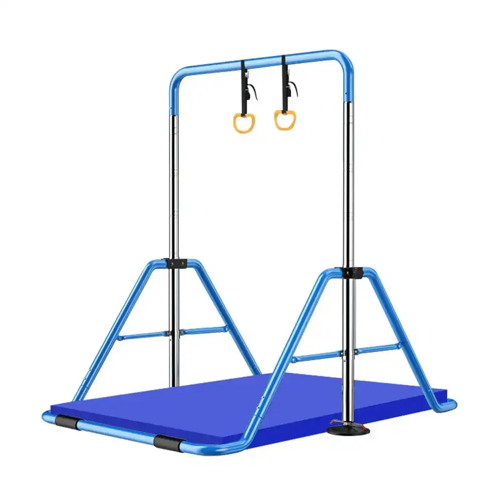 JMQ Fitness Foldable Adjustable Height Kids Horizontal Bar w/ Rings and Landing Mat Chin Up Pull Up Bar