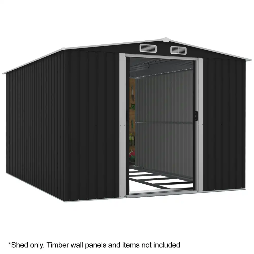 PlantCraft Galvanised Steel Garden Shed 2.58 x 3.13 x 2.02m, with 2 Sliding Doors, 4 Air Vents, Gable Roof, Floor Frame