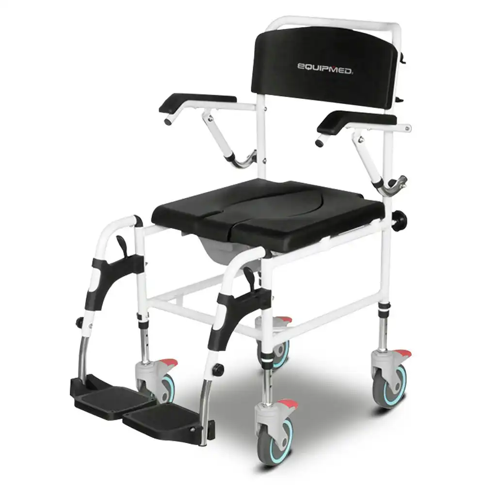 Equipmed Commode Shower Chair, Over Toilet or Bedside 136kg Capacity Aluminium frame with Wheels, Black