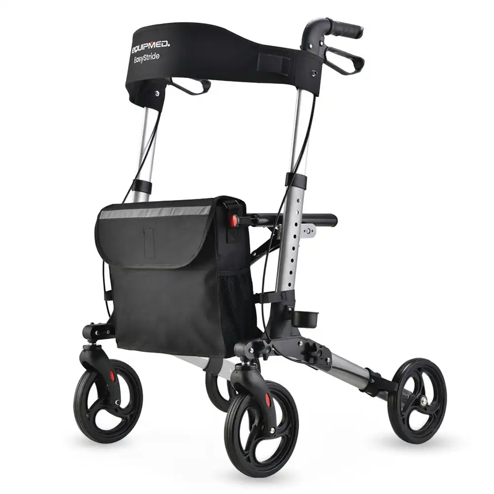 Equipmed Foldable Aluminium Walking Frame Rollator with Bag and Seat, Silver