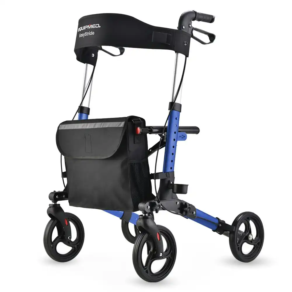 Equipmed Foldable Aluminium Walking Frame Rollator with Bag and Seat, Blue