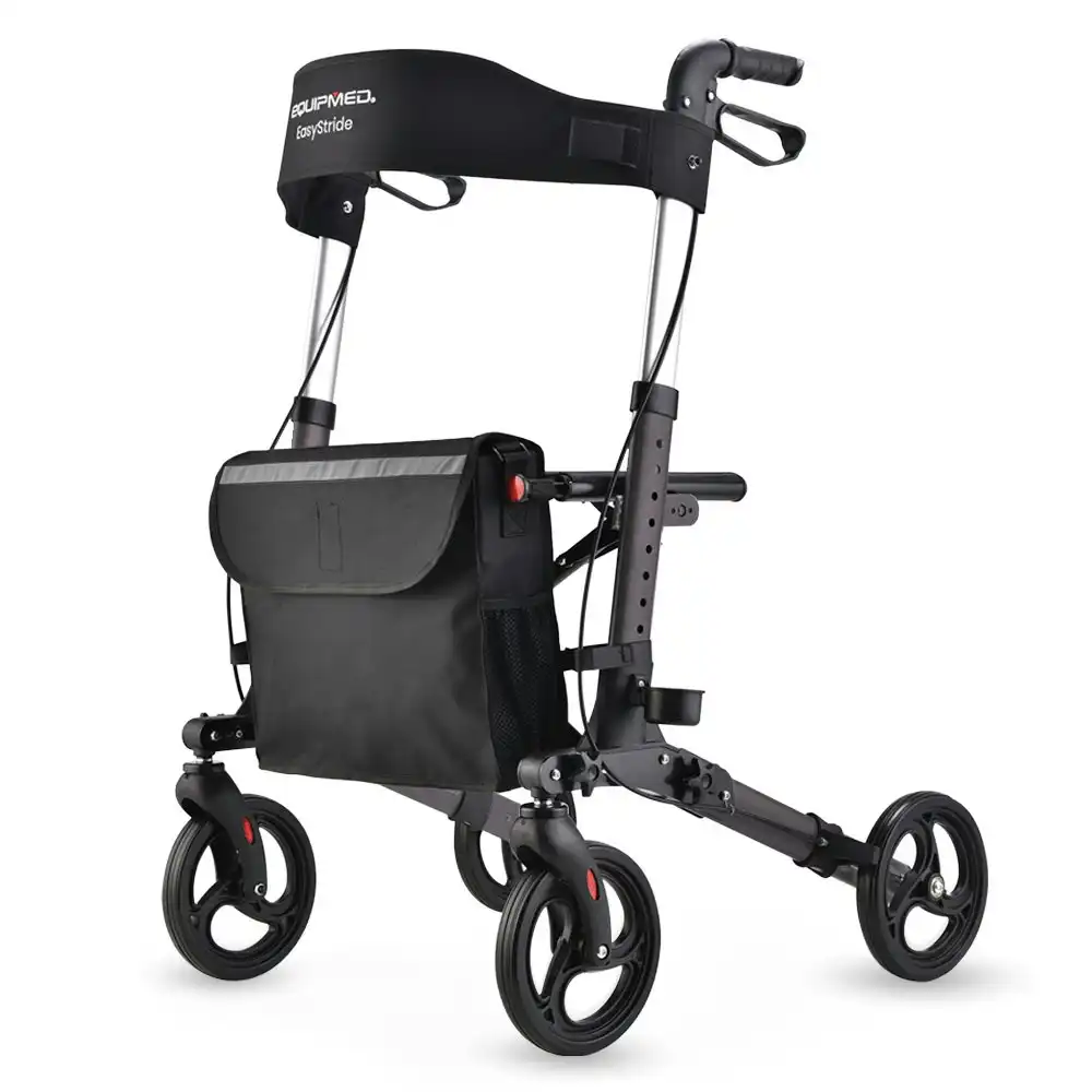 Equipmed Foldable Aluminium Walking Frame Rollator with Bag and Seat, Titanium Colour