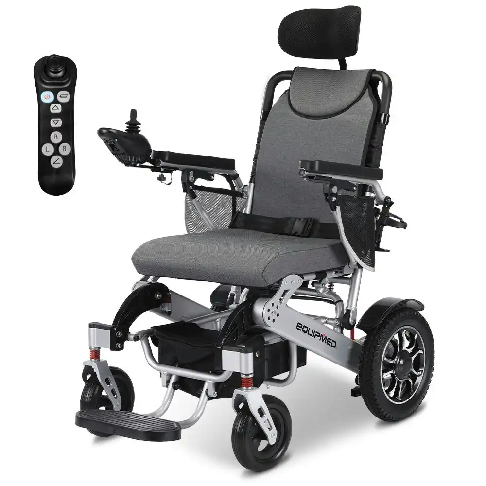 Equipmed Power Electric Wheelchair, Long Range, Alloy, Remote Control, Lithium Battery, Black/Silver