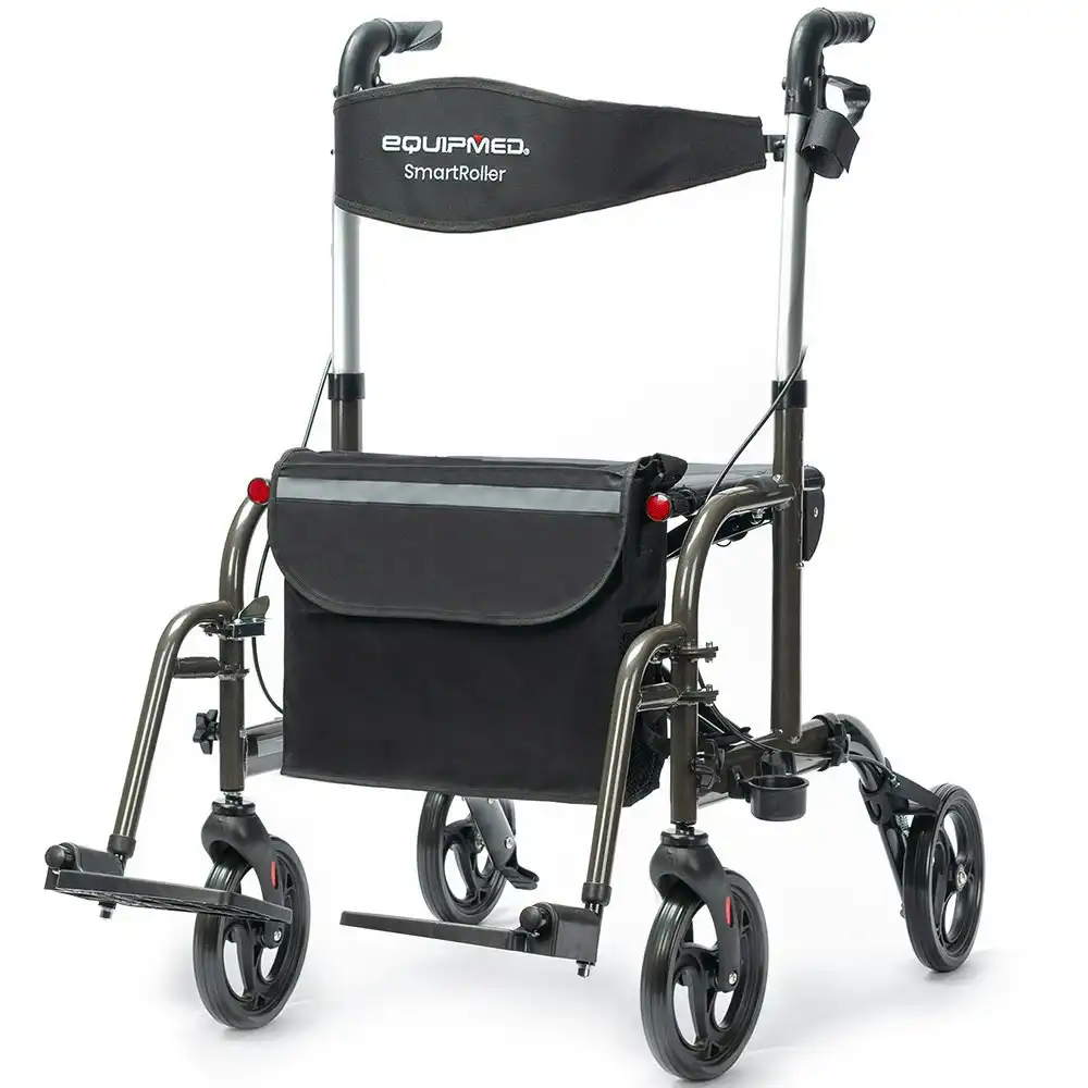 Equipmed 2-in-1 Foldable Aluminium Walking Frame Rollator and Transit Wheelchair with Bag, Titanium colour