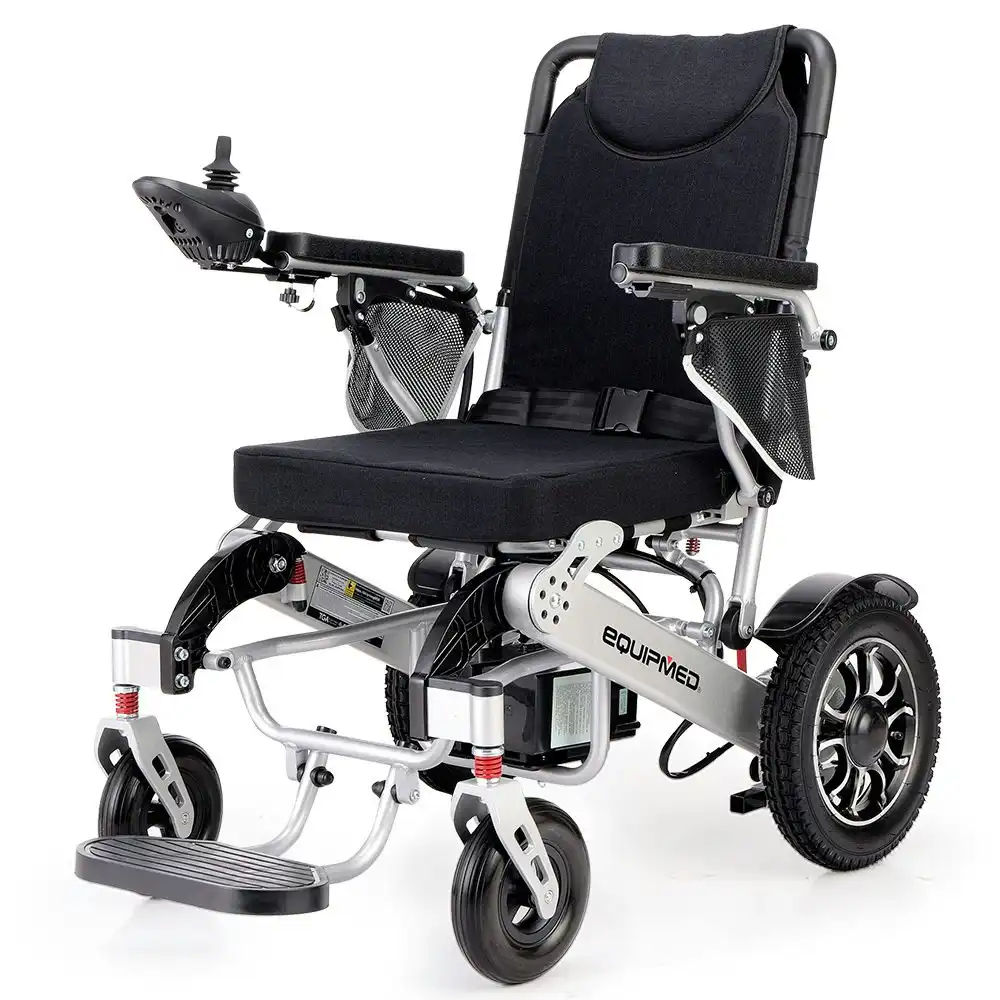 Equipmed Power Electric Wheelchair, Airline Approved Wheel Chair, Lightweight, Long Range, Lithium Batteries, Black & Silver