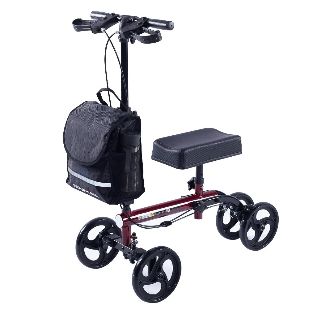 Equipmed Knee Scooter Walker, Dual Brakes - Bag - Broken Leg Ankle Foot Mobility - Crutches Alternative - Red