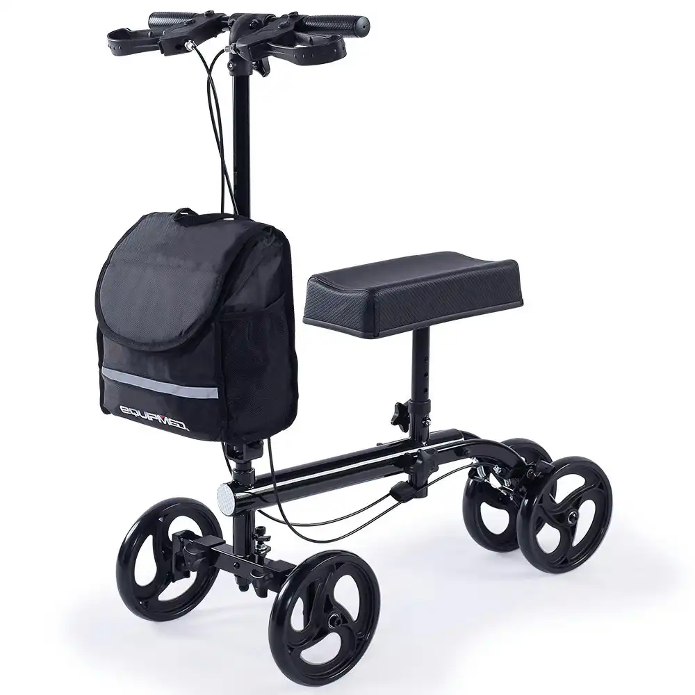 Equipmed Knee Scooter Walker, Dual Brakes - Bag - Broken Leg Ankle Foot Mobility - Crutches Alternative - Black