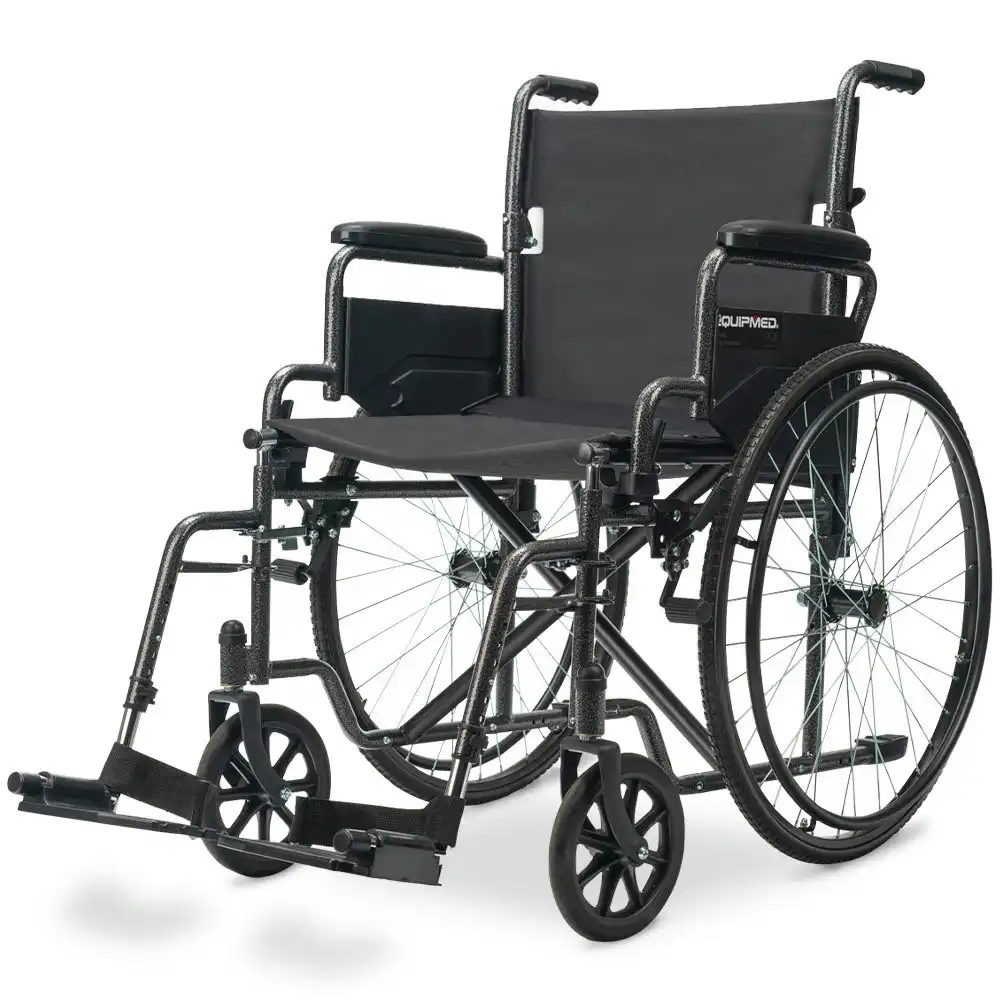 Equipmed 24 Inch Folding Wheelchair, XL Wide Design, 136kg Capacity, Park Brakes, Retractable Armrests, Dark Grey Hammertone