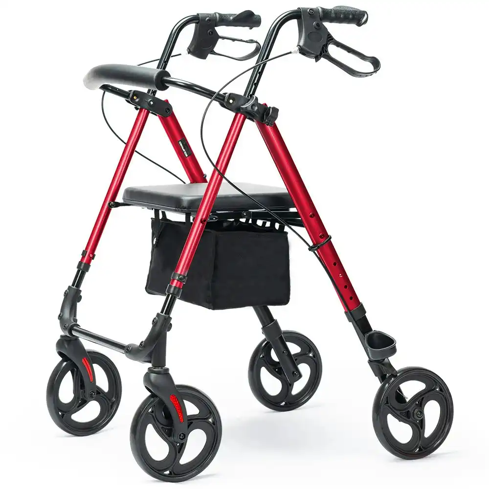 Equipmed 4 Wheel Lightweight Rollator Walker, Aluminium Frame, Seat, Carry Bag, for Seniors, Red