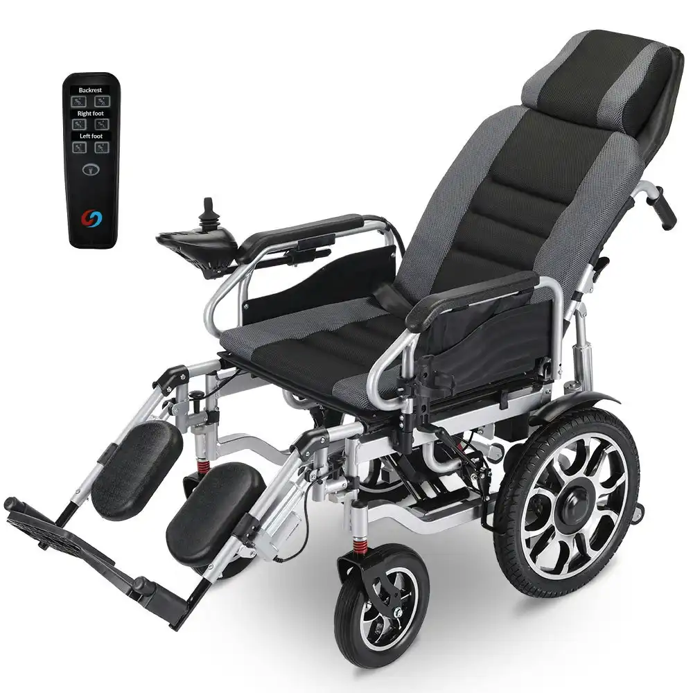 Equipmed Power Electric Wheelchair, Long Range, Auto Recline, Lithium Battery, 16 Inch Rear Wheels, Headrest, Folding, Grey/Black
