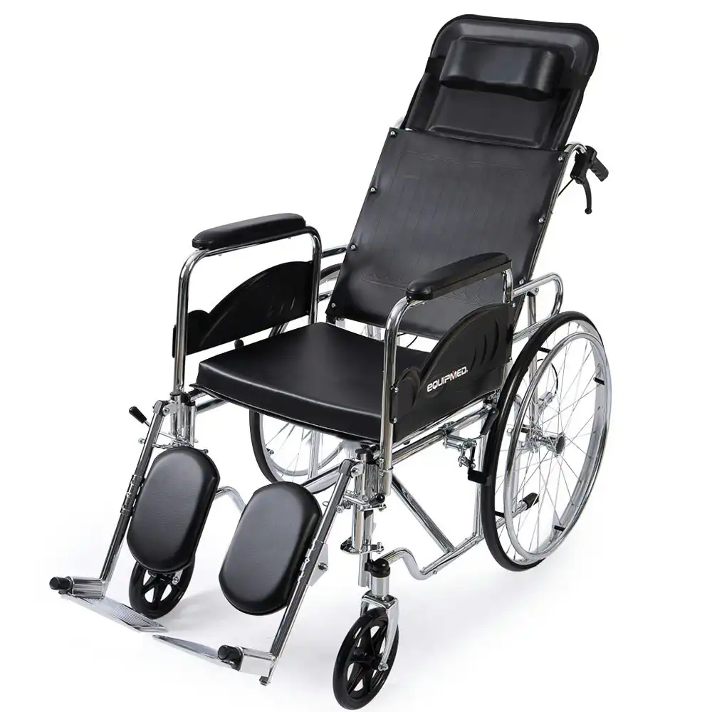 Equipmed Folding Manual Reclining Wheelchair Self Propelled, 24 Inch Rear Wheels, Chrome Steel Frame, 46cm Wide Seat, 100kg Capacity, Park Brakes