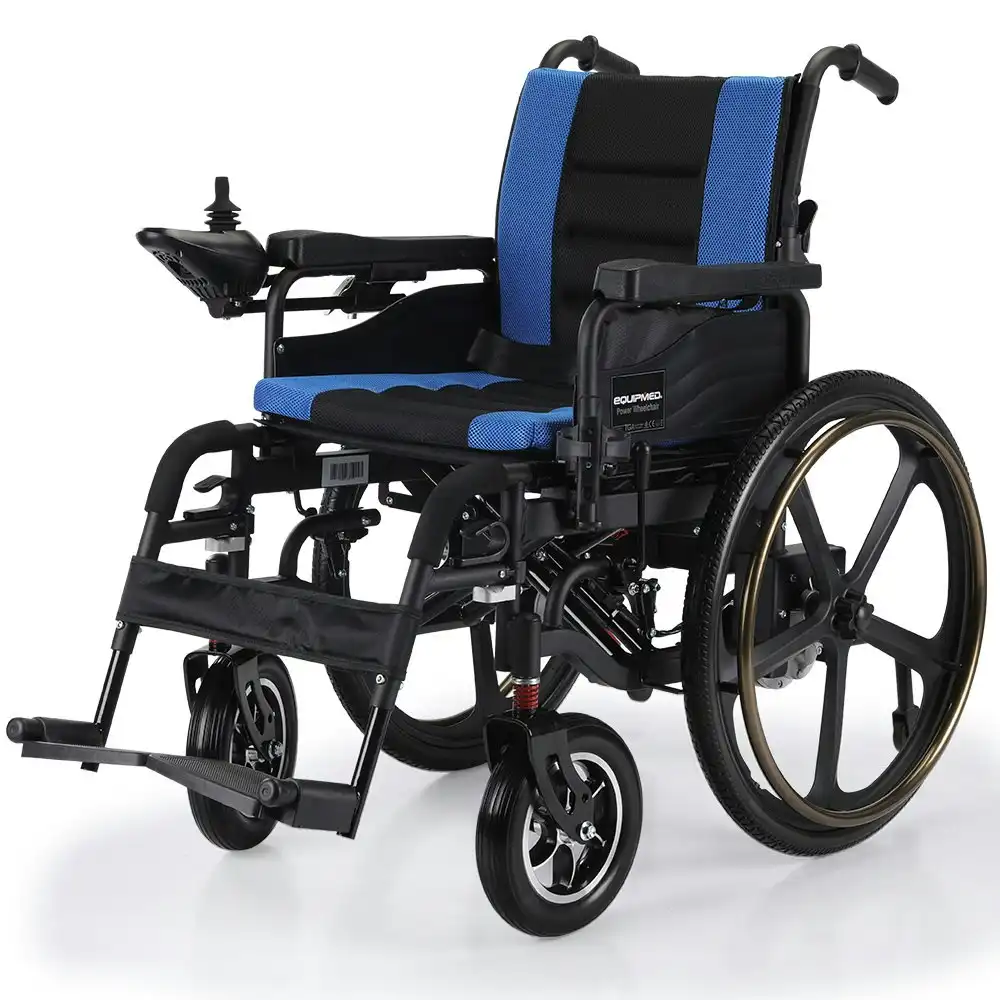 Equipmed Electric Wheelchair Folding, Long Range, Folding, Lithium Battery, 24 Inch Light Rear Wheels, Matte Black/Blue