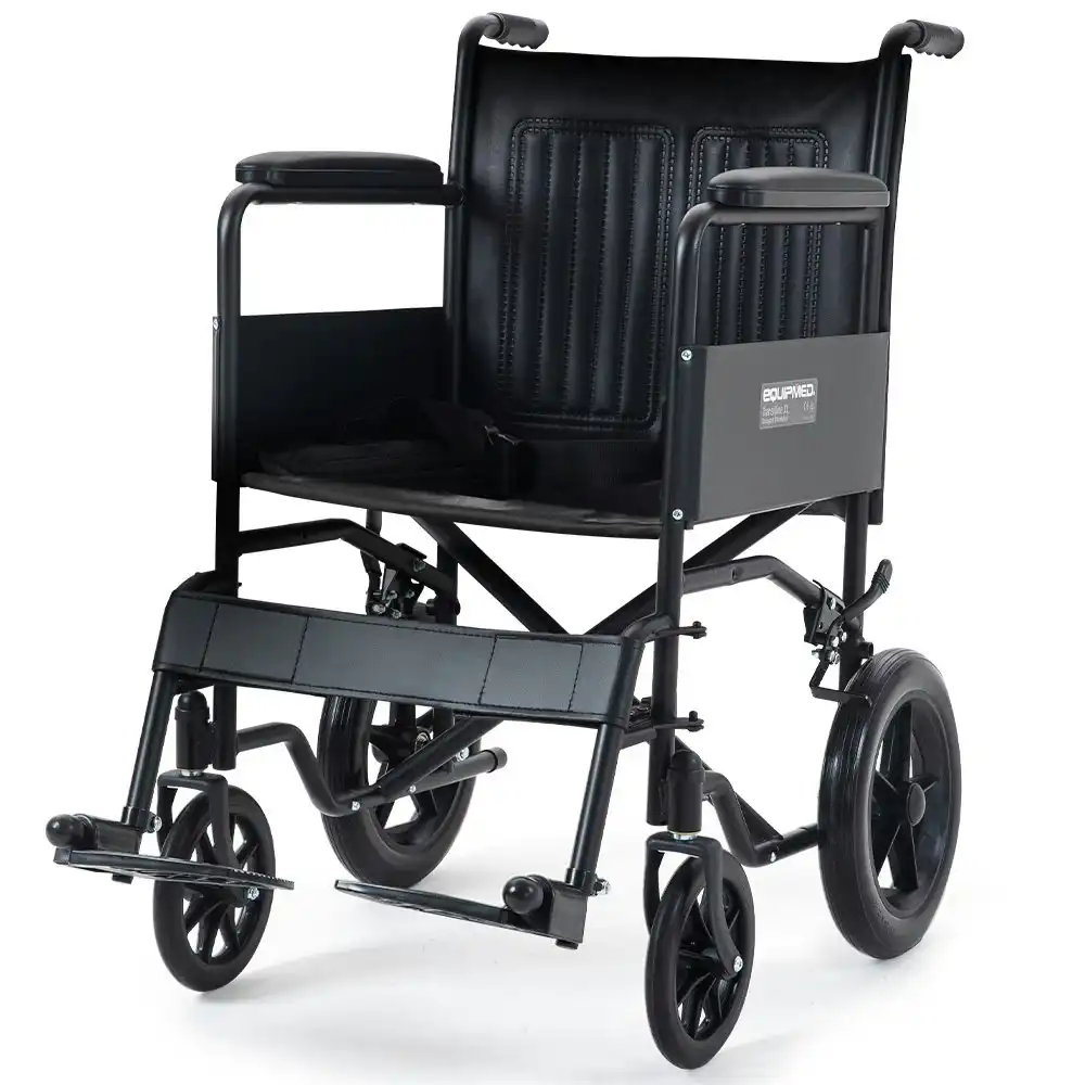 Equipmed Folding Transit Manual Wheelchair, Attendant Propelled, Steel Frame, Wide Seat, Comfortable for S-XL, 114kg Capacity, Park Brakes, Transport