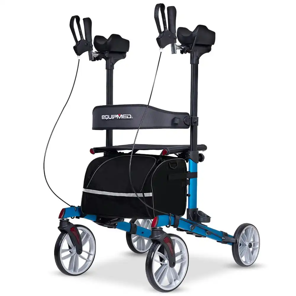 Equipmed Upright Rollator Walker with Forearm Support Rests, Mobilty Aid with Seat, Blue