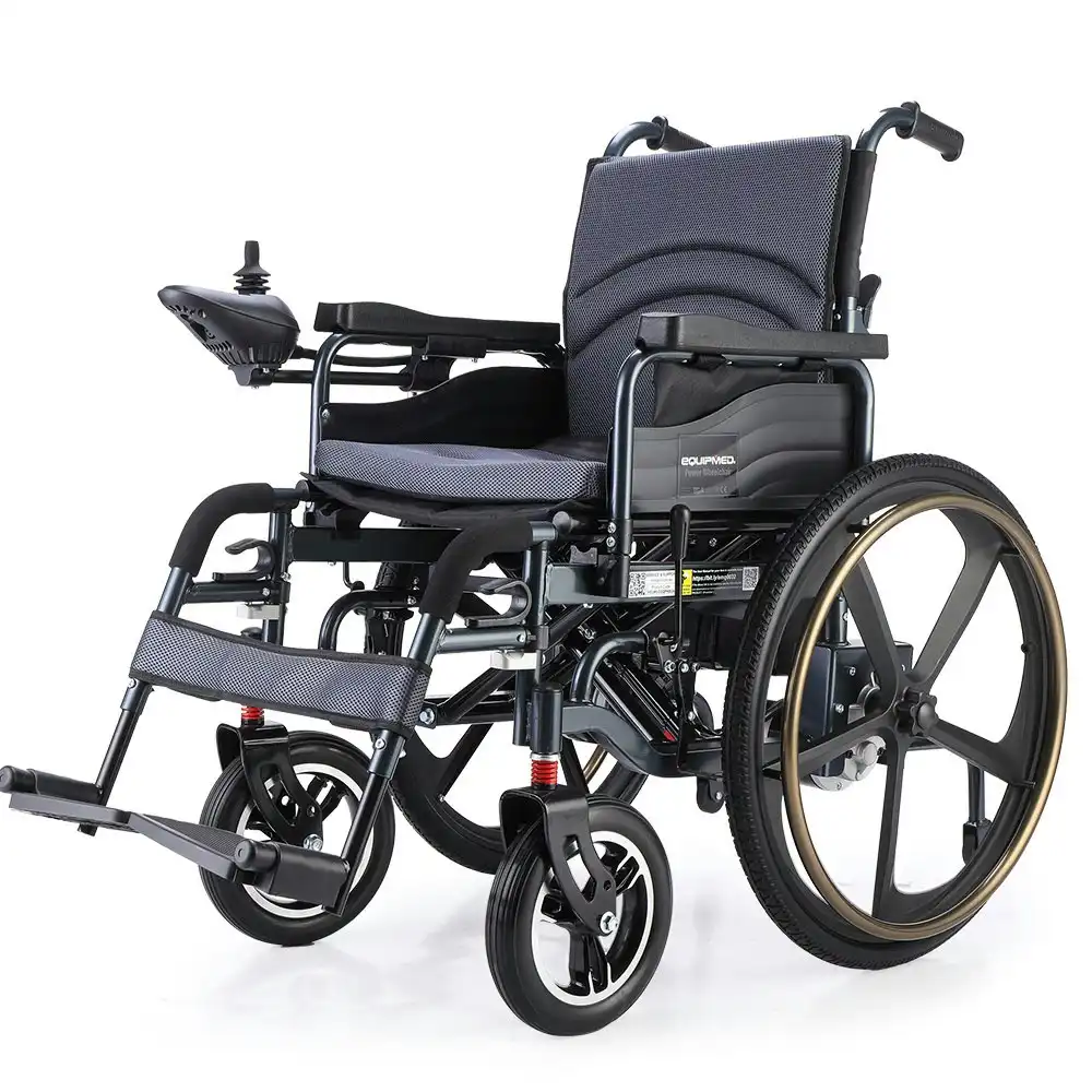 Equipmed Electric Wheelchair Folding, Folding, Long Range, Lithium Battery, 24 Inch Rear Wheels, Black