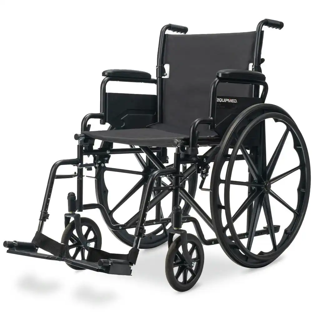 Equipmed Folding Wheelchair, XL 51cm Wide Seat, 24 Inch Wheels, 136kg Capacity, Park Brakes, Black