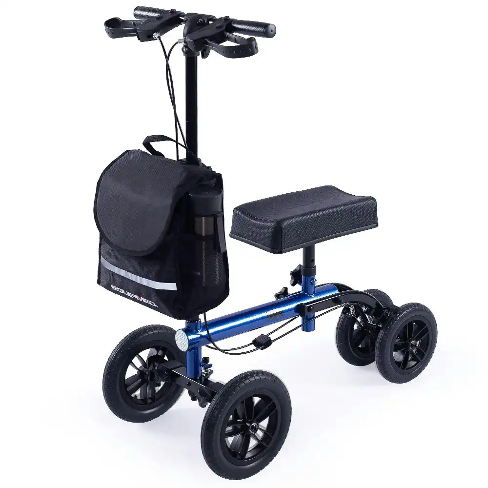 Equipmed Knee Scooter Walker, 10 inch Tyres Dual Brakes Bag - Broken Leg Ankle Foot Mobility - Crutches Alternative - Blue