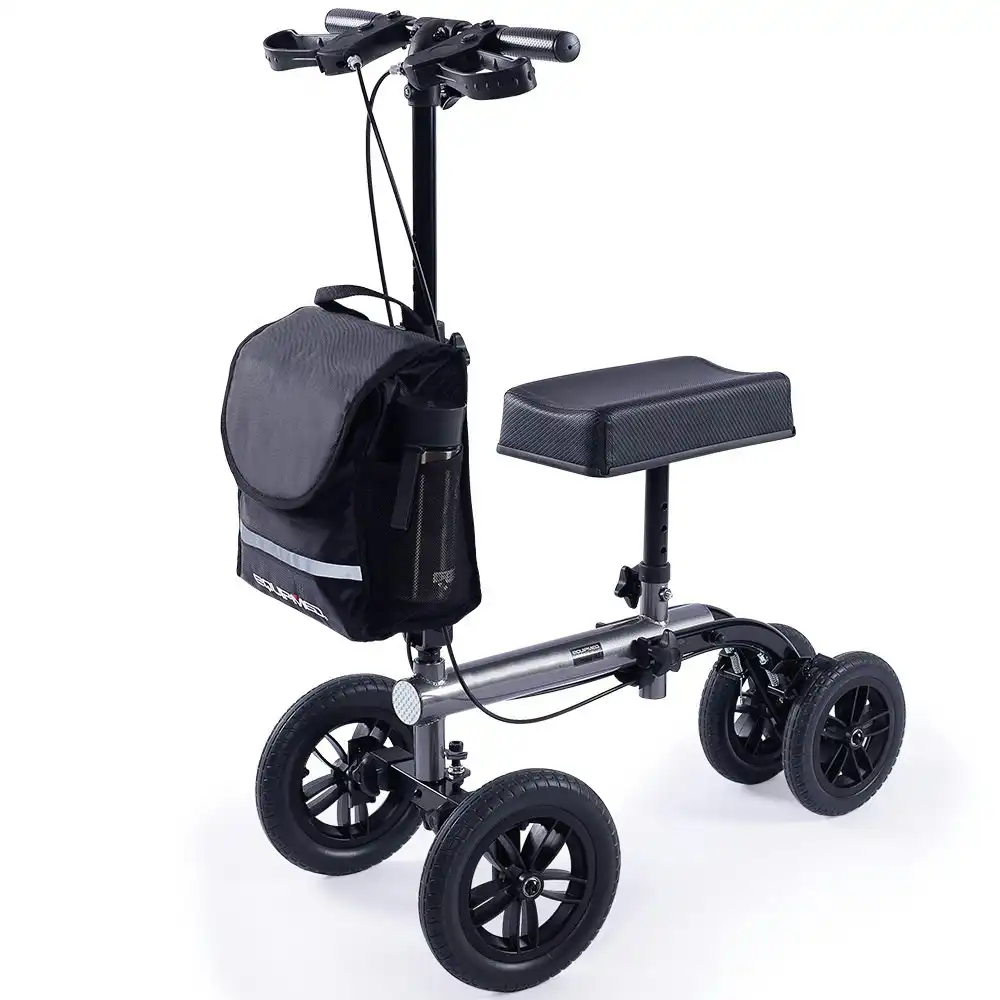 Equipmed Knee Scooter Walker, 10 inch Tyres Dual Brakes Bag - Broken Leg Ankle Foot Mobility - Crutches Alternative - Titanium colour