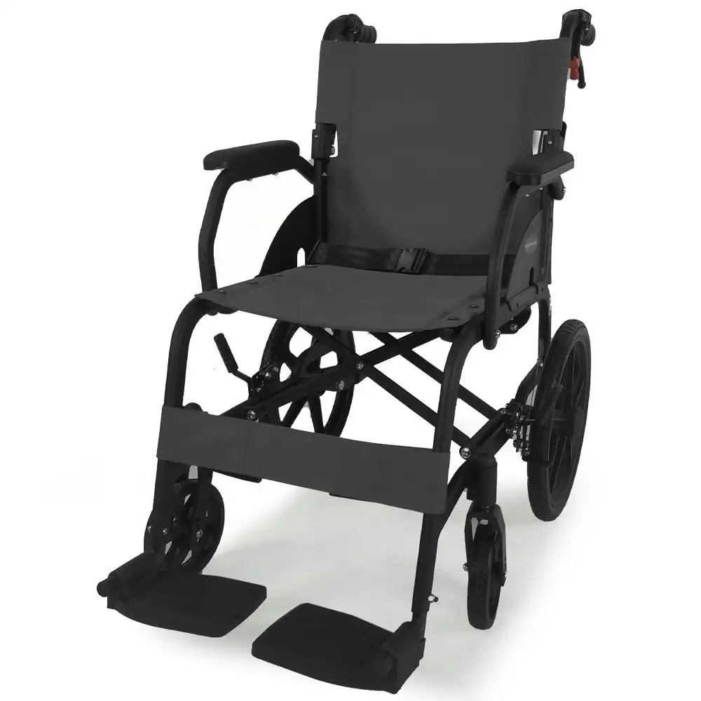Equipmed Folding Transit Wheelchair, Lightweight Aluminium for Easy Transport, Grey