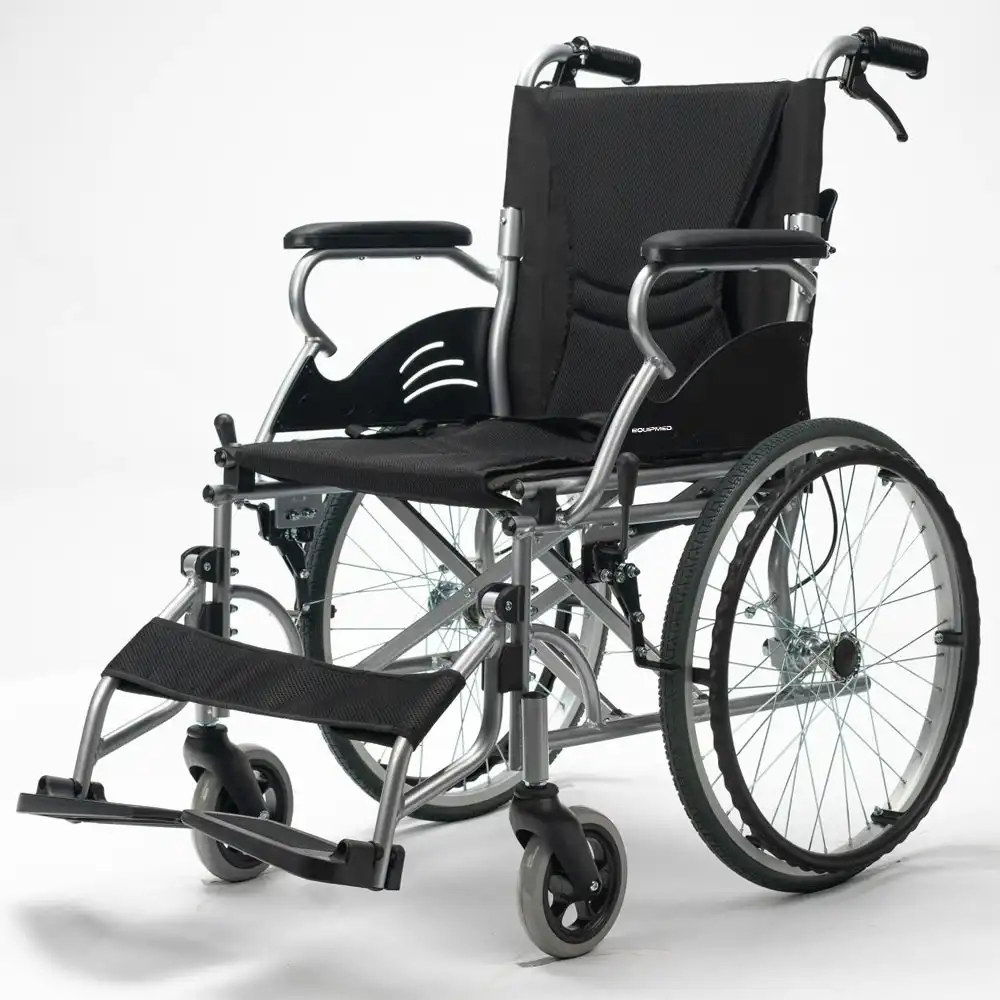 Equipmed 20 Inch Folding Wheelchair Lightweight Aluminium Portable with Park Brakes, Black