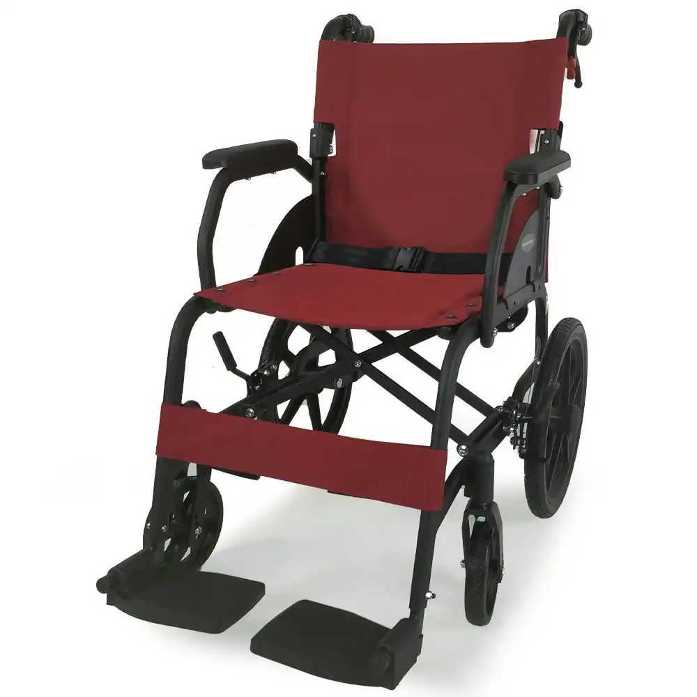Equipmed Folding Transit Wheelchair, Lightweight Aluminium for Easy Transport, Crimson Red